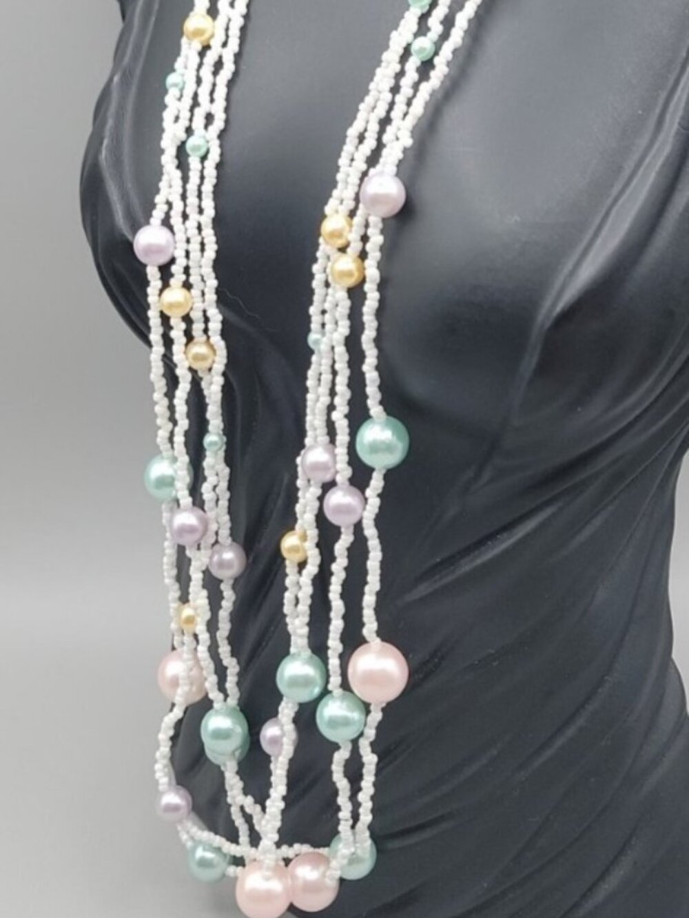 Multistrand Necklace White Seed Bead & Colorful Pastel Beaded 22" Vintage